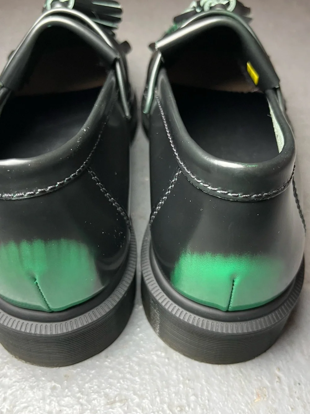 Dr. Martens Black Loafers with Green Toe Accent and Tassels
